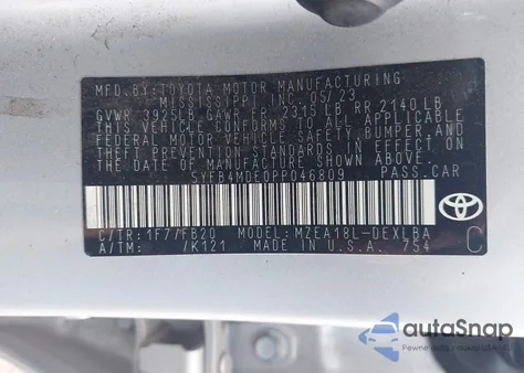 2023 Toyota Corolla Le z USA, uszkodzony, nr VIN 5YFB4MDE0PP046809